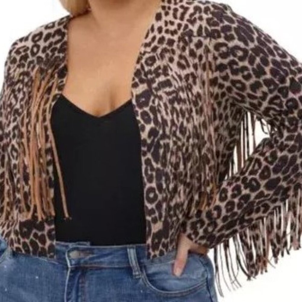 Vocal USA Faux Suede Leather Fringe Jacket Western Rodeo Texas Leopard XL Cowgir
